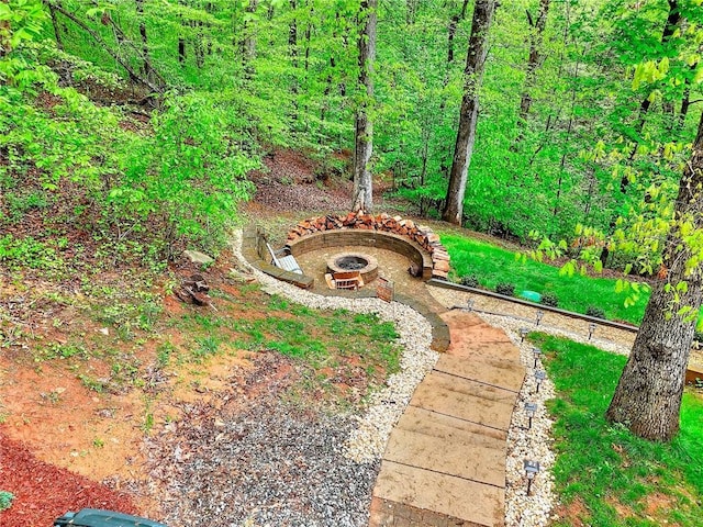 view of yard with a fire pit