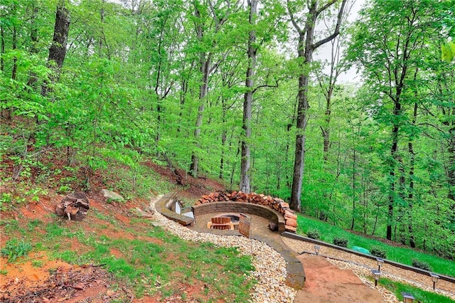 view of yard with a fire pit and a forest view