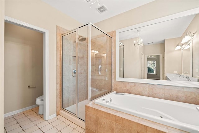 full bathroom with plus walk in shower, tile patterned floors, a notable chandelier, and toilet