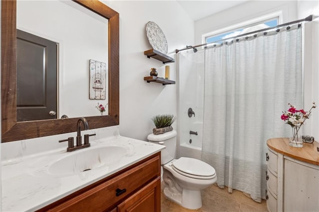 full bathroom with vanity, tile patterned floors, toilet, and shower / bathtub combination with curtain