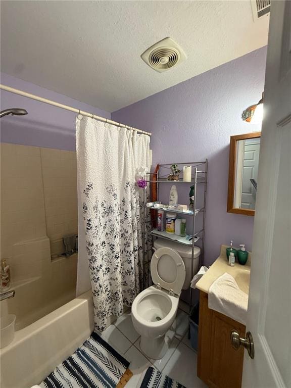 full bath with a textured ceiling, visible vents, toilet, tile patterned floors, and shower / bath combination with curtain