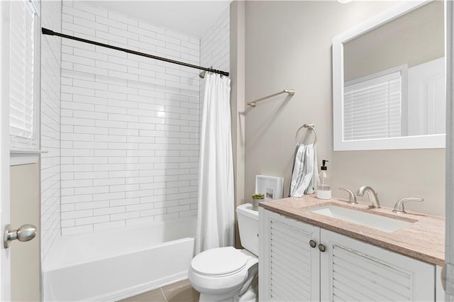 full bathroom with tile patterned flooring, vanity, shower / bath combination with curtain, and toilet