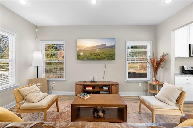 sitting room with light hardwood / wood-style flooring