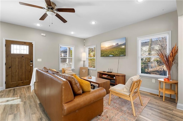 living room with ceiling fan and light hardwood / wood-style floors