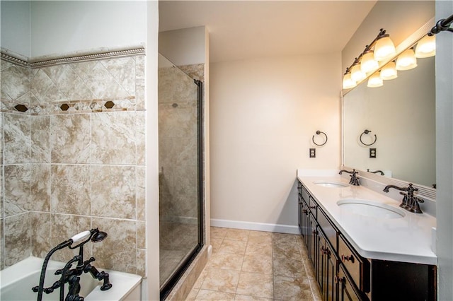 bathroom featuring vanity, independent shower and bath, and tile patterned floors