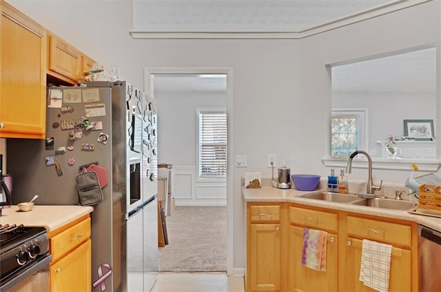 kitchen with a sink, light countertops, stainless steel appliances, and a healthy amount of sunlight