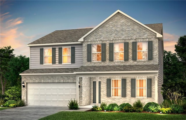 view of front facade featuring a garage, concrete driveway, brick siding, and a shingled roof