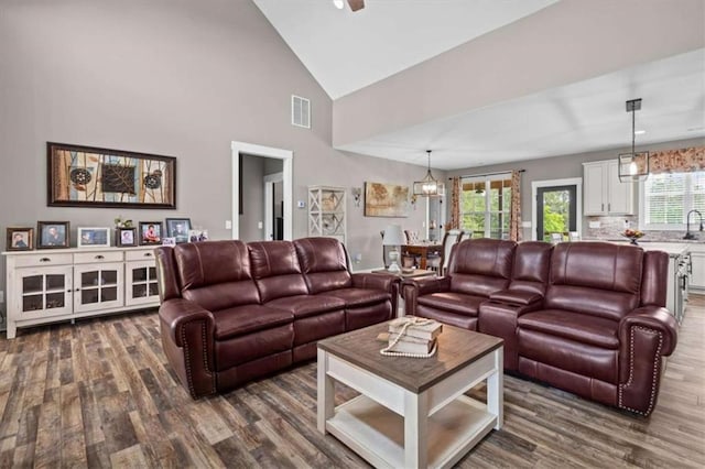 1423 Hillcrest Rd, Bowdon, GA 30108 - living room featuring dark wood-style floors and high vaulted ceiling