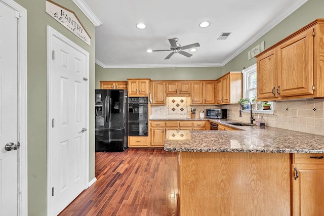422 Inwood Trl, Lawrenceville, GA 30043 - kitchen featuring black appliances, a sink, light stone counters, crown molding, and a ceiling fan