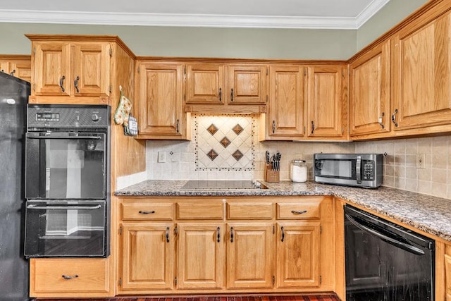 422 Inwood Trl, Lawrenceville, GA 30043 - kitchen with black appliances, decorative backsplash, stone countertops, and ornamental molding