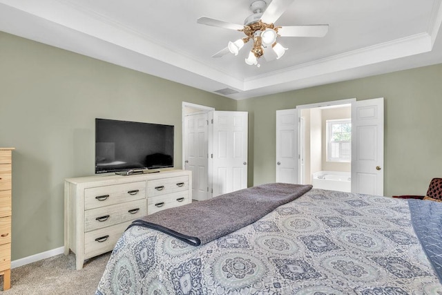 422 Inwood Trl, Lawrenceville, GA 30043 - bedroom featuring a raised ceiling, light carpet, ornamental molding, baseboards, and ceiling fan