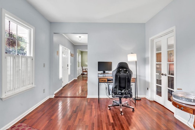 422 Inwood Trl, Lawrenceville, GA 30043 - home office with french doors, hardwood / wood-style flooring, and baseboards