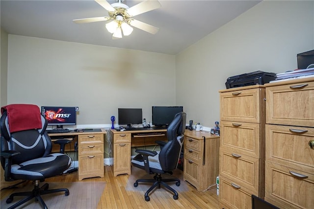 office featuring light wood-type flooring and ceiling fan