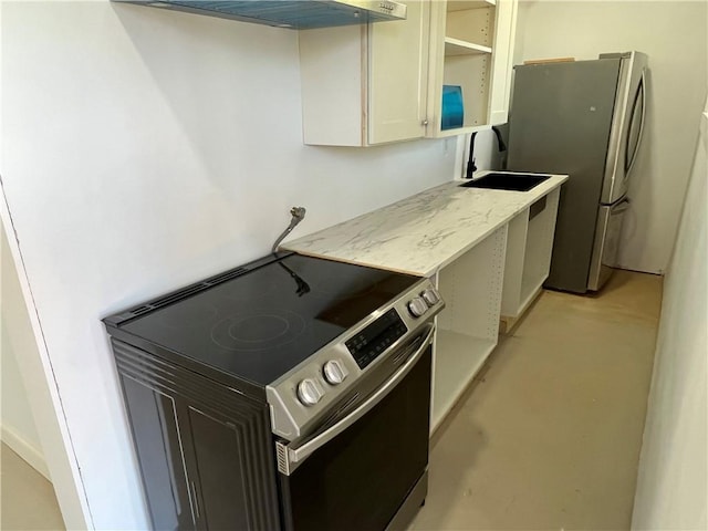 kitchen with ventilation hood, stainless steel appliances, white cabinetry, and sink