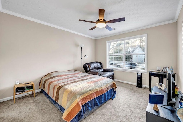 carpeted bedroom with crown molding, a textured ceiling, and ceiling fan