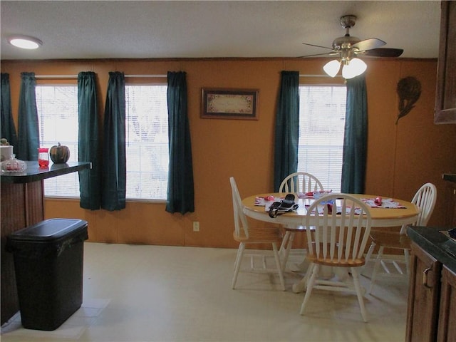 dining space with plenty of natural light and ceiling fan