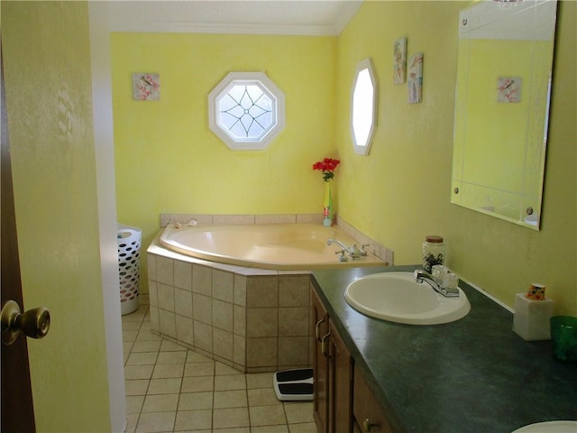 bathroom with a relaxing tiled tub, vanity, tile patterned flooring, and crown molding