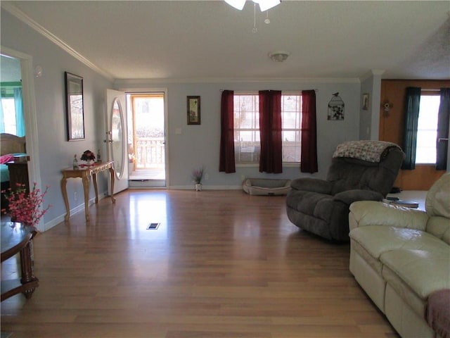 living room featuring crown molding and light hardwood / wood-style flooring