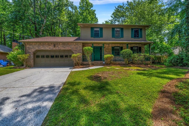 2775 Doaks Run Ct, Tucker, GA 30084 - view of front of house featuring concrete driveway, a garage, a front yard, a porch, and brick siding