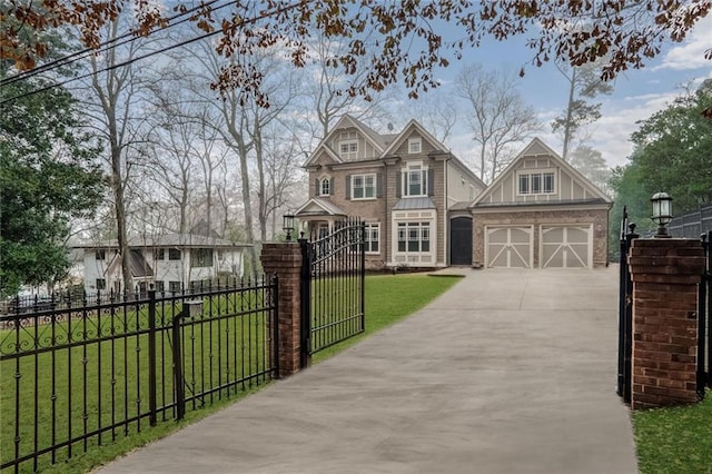 2733 Caldwell Rd, Brookhaven, GA 30319 - view of front of property with a front lawn, a fenced front yard, concrete driveway, a garage, and a gate