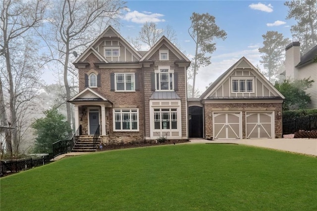 craftsman-style home with a garage, driveway, a front lawn, and board and batten siding