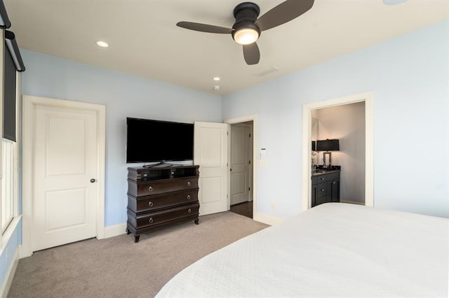 bedroom with recessed lighting, baseboards, ceiling fan, and light colored carpet