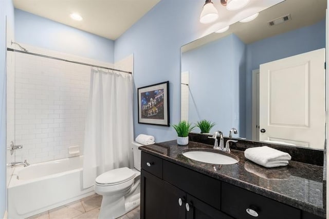 full bath featuring shower / bath combo, visible vents, toilet, tile patterned flooring, and vanity