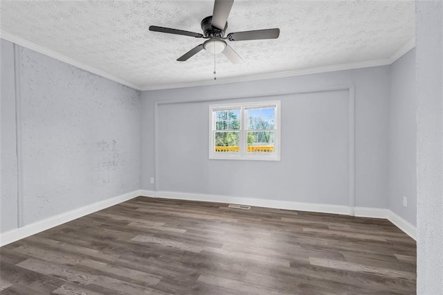 empty room featuring ornamental molding, a textured ceiling, a textured wall, and wood finished floors