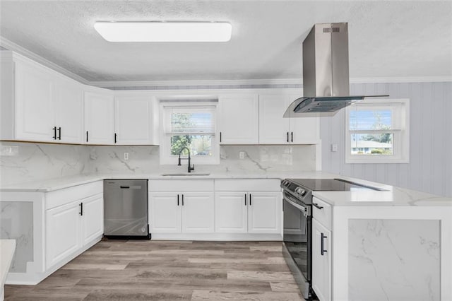 kitchen featuring light wood finished floors, appliances with stainless steel finishes, island exhaust hood, and a sink