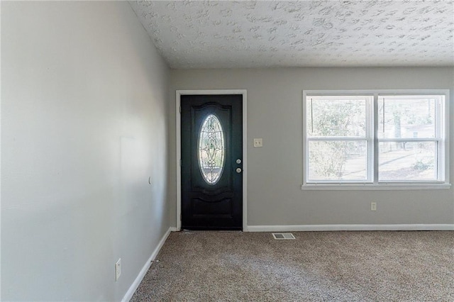 carpeted foyer entrance featuring a textured ceiling and plenty of natural light