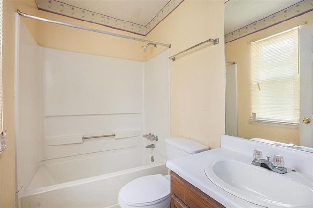 full bathroom with vanity, shower / bathtub combination, and toilet