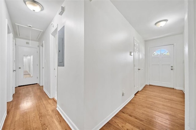 hall featuring electric panel, attic access, light wood-style flooring, and baseboards