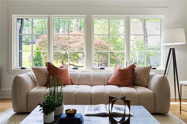 living area with wood finished floors and baseboards