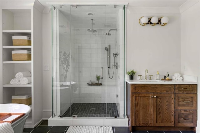 full bathroom with vanity, tile patterned flooring, and a shower stall