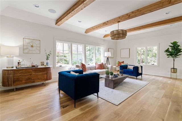 living room with light wood finished floors, beam ceiling, and baseboards
