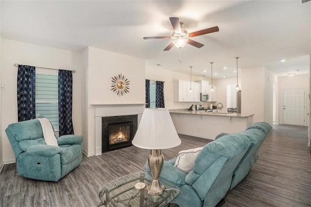 living room featuring ceiling fan, dark hardwood / wood-style floors, and sink