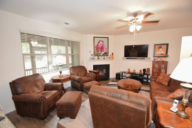 living room featuring ceiling fan