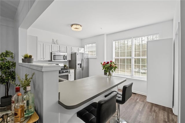 kitchen featuring a kitchen bar, wood finished floors, plenty of natural light, and stainless steel appliances