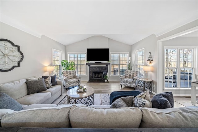 living area with baseboards, lofted ceiling, wood finished floors, and a fireplace