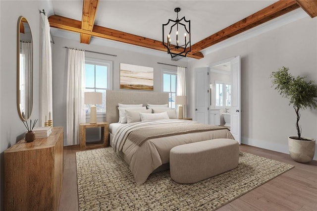 2035 Village Walk, Milton, GA 30004 - bedroom featuring beam ceiling, a chandelier, wood finished floors, and baseboards
