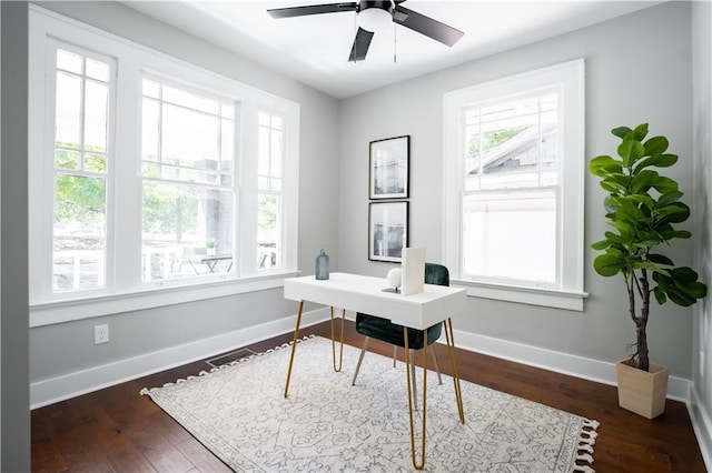 943 Rose Cir SW, Atlanta, GA 30310 - home office with plenty of natural light, ceiling fan, and dark wood-style floors
