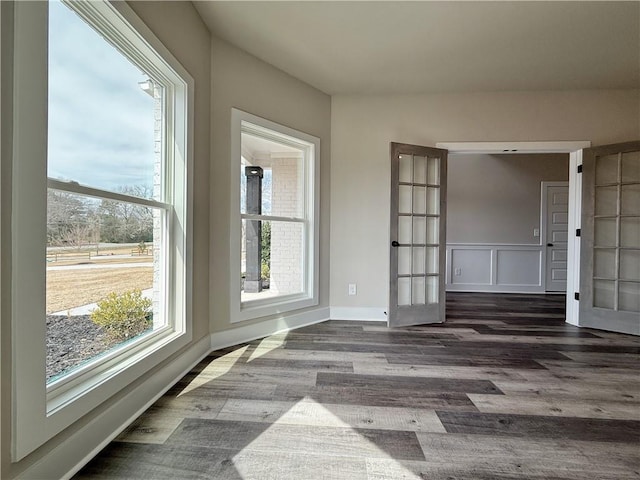 spare room featuring plenty of natural light, baseboards, wood finished floors, and french doors