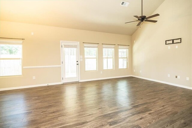 610 Sunflower Dr, Canton, GA 30114 - unfurnished room with a ceiling fan, dark wood-style flooring, baseboards, and high vaulted ceiling