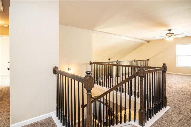 610 Sunflower Dr, Canton, GA 30114 - stairway featuring carpet floors, ceiling fan, and baseboards