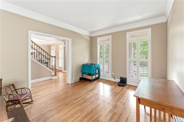 412 Mill Stream Way, Woodstock, GA 30188 - sitting room with ornamental molding, light wood-type flooring, stairway, and baseboards