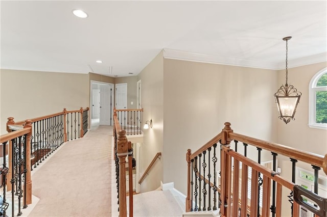 412 Mill Stream Way, Woodstock, GA 30188 - corridor with attic access, an upstairs landing, ornamental molding, baseboards, and recessed lighting