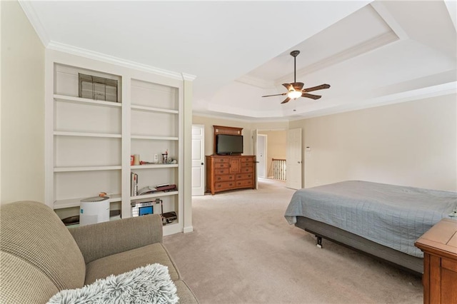 412 Mill Stream Way, Woodstock, GA 30188 - bedroom with ornamental molding, a raised ceiling, light colored carpet, and a ceiling fan