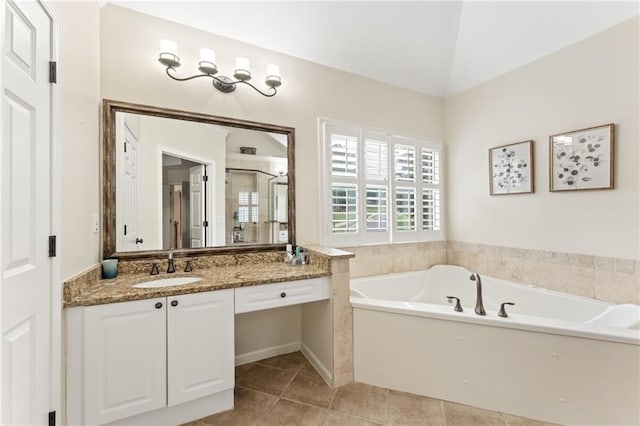 412 Mill Stream Way, Woodstock, GA 30188 - bathroom with a bath, vanity, tile patterned flooring, vaulted ceiling, and a shower stall