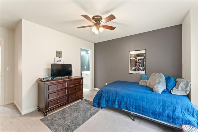 412 Mill Stream Way, Woodstock, GA 30188 - bedroom with light colored carpet, baseboards, ceiling fan, and connected bathroom