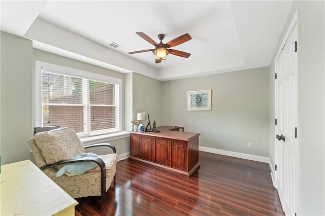 412 Mill Stream Way, Woodstock, GA 30188 - office area with ceiling fan, baseboards, a raised ceiling, and dark wood-style flooring